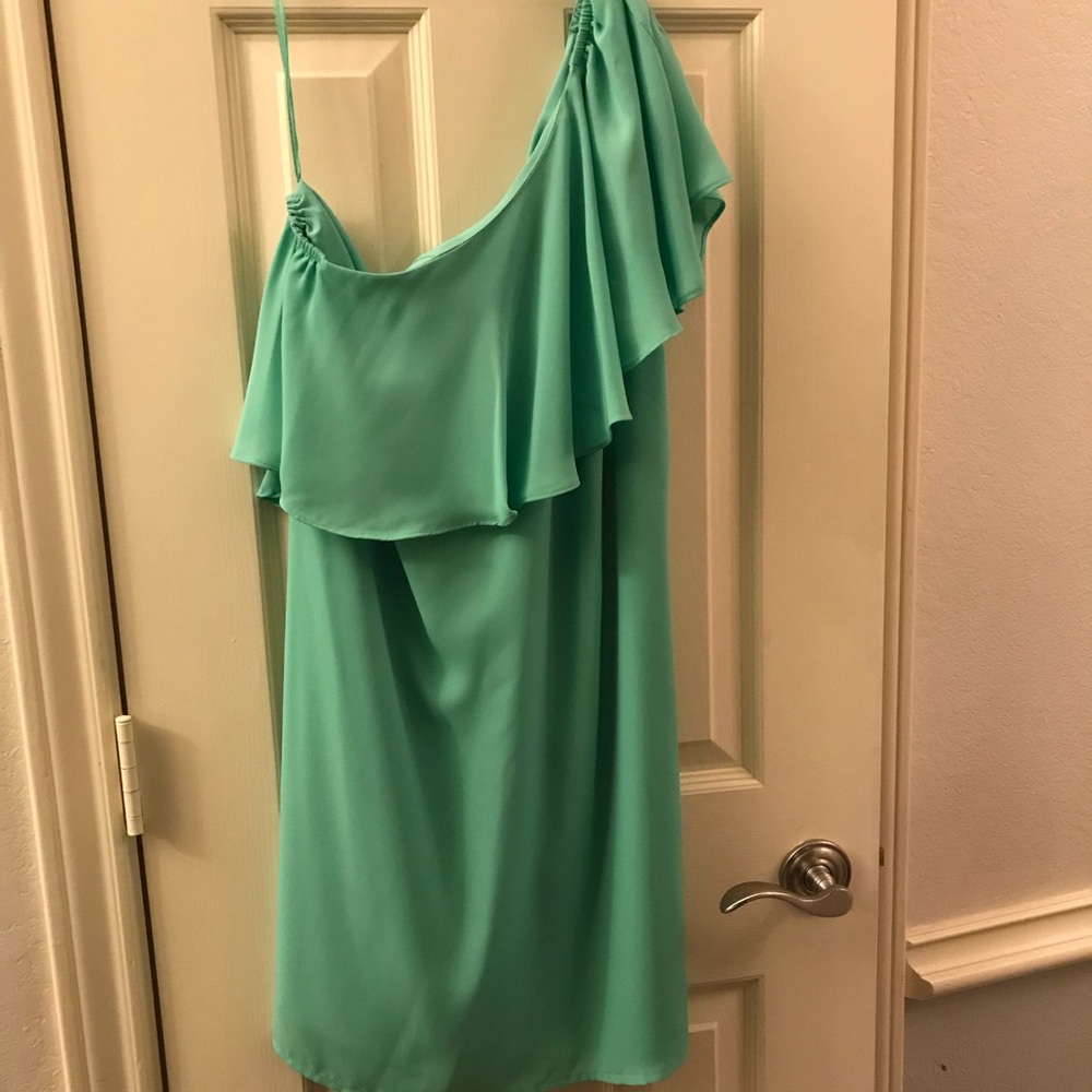 One shoulder aqua dress